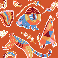 Wall Mural - Seamless pattern with abstract African animals in childish style. Vector illustration