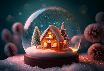 Toy house covered with snow in a glass bowl. AI genarated