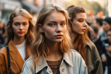 Wall Mural - crowd of young women on city street in casual clothes. Feminists defend feminism and women's rights. Generative AI