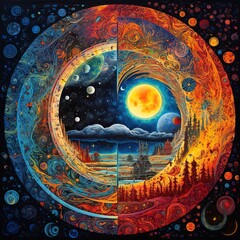Wall Mural - the soul and the cosmic yin yang are celebrating the cosmos and the moon. beautiful spiritual illust