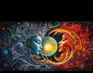 Wall Mural - the soul and the cosmic yin yang are celebrating the cosmos and the moon. beautiful spiritual illust