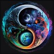 The soul and the cosmic yin yang are celebrating the cosmos and the moon. Beautiful spiritual illustration of colorful connections to the universe and the creation. Generative AI.