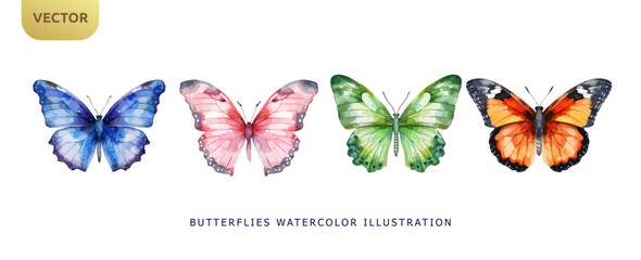 Wall Mural - Set of beautiful butterflies watercolor isolated on white background. Pink, blue, orange and green butterfly vector illustration