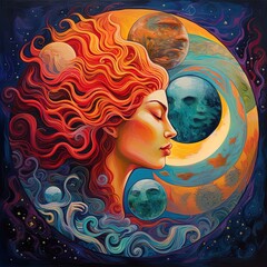 Wall Mural - the soul and the cosmic yin yang are celebrating the cosmos and the moon. beautiful spiritual illust