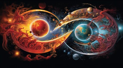 Wall Mural - the soul and the cosmic yin yang are celebrating the cosmos and the moon. beautiful spiritual illust