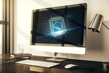 Wall Mural - modern computer display with creative human brain microcircuit. future technology and ai concept. 3d