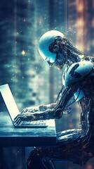 Maschinelles Schreiben: Roboter am Laptop produziert informativen Artikel