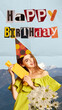 © master1305 - Happy, smiling, beautiful young girl celebrating birthday, receiving presents and greetings. Contemporary art collage. Concept of celebration and party, happiness and joy. Creative design for postcard