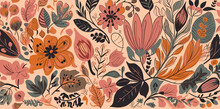 Red And Orange Flowers Pattern Fabric On Spoonflower Custom Fabric, Light Beige And Orange, Fauvist, 20th Century Scandinavian Style, Tender Depiction Of Nature, Vintage, Vector, Generative Ai