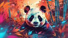 Panda Nestled Among A Vibrant Watercolor Bamboo Forest. Soft, Pastel Colors For The Bamboo Stalks And Leaves