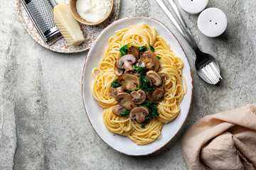 Poster - Mushroom and Spinach Spaghetti. Parmesan cheese. Homemade italian pasta. Top view, copy space.