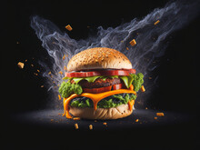 Exploding Burger With Vegetables And Melted Cheese On Black Background -  Generative AI