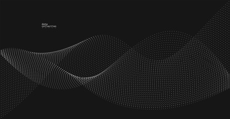 Grey dots in motion vector abstract background over black, particles array wavy flow, curve lines of points in movement, technology and science illustration.