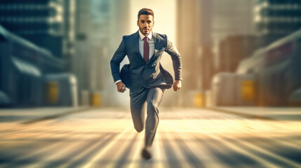 A businessman in a suit runs to work, the concept of performance, success and leadership created with generative AI technology