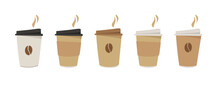 Set Of Colorful Cardboard Cups For Coffee And Tea With Lids. Simple Flat Graphics For Cafe, Cafe, Coffee Takeaway Concepts. Vector Illustration