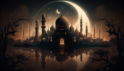 islamic background with moon lanterns and mosque for ramadan eid ul fitr and eid al adha eid milad muharram generative ai