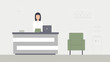 A woman at the reception desk in an office or business centre. A secretary or employee. Modern vector illustration.