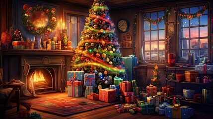 Wall Mural - Interior christmas. Magic glowing tree, fireplace and gifts. Generative AI