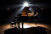 Grand Piano Sitting On Stage With A Spotlight Shining On Background. Music Concept Background. AI Generated.