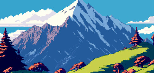 Landscape 8bit pixel art. Summer natural landscape mountain scenery arcade game background