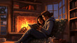 © Nataliya - A cozy fireplace with a couple snuggled together, reading books and sipping hot cocoa Generative AI
