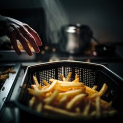 Canvas Print - A person reaching for a basket of french fries. AI generative image.