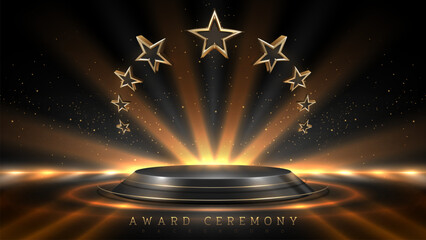 Wall Mural - Black empty podium on dark background and 3d gold star elements with light ray effects decoration and bokeh. Luxury award ceremony design concept. Vector illustration.
