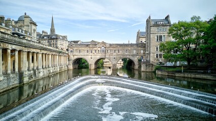 Aerial drone shot of the Pulteney Bridge in Bath, England