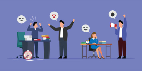 unhealthy environment, teamwork problems and bad relationships in office 2d vector illustration conc