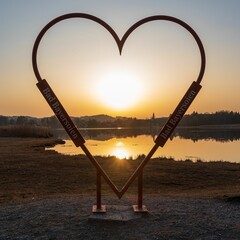 Beautiful metal heart at sunset with the name of Bad Bayersoien Municipality in Germany