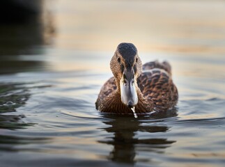 Wall Mural - Cute duck swimming in the waters of a lake on the blurred background