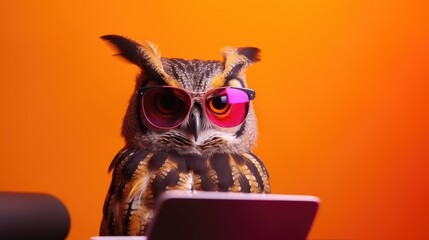 Cool owl working on laptop