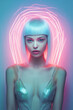 Futuristic portrait of a young beautiful girl from the future. Space, neon costume. Technological invasion and fashion style. Generative AI.