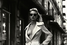 Stylish Sexy Girl Model In Fashionable Clothes In Retro Style On Street Of City. Vintage Fashion Of 1980s. Generative AI