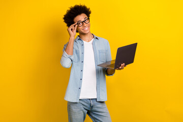 Poster - photo of funky clever guy dressed denim shirt hand eyewear typing emails modern device isolated yell