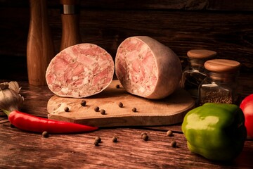 Sticker - Homemade meat with garlic and aromatic spices, organic products by traditional methods