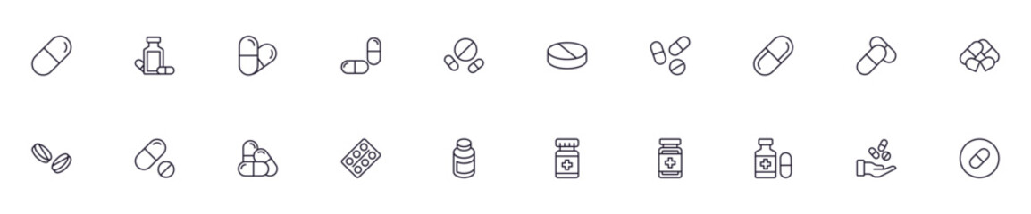 Collection of modern pills outline icons. Set of modern illustrations for mobile apps, web sites, flyers, banners etc isolated on white background. Premium quality signs.