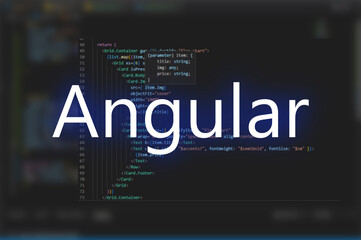 Angular inscription against  code background. Technology concept. Programming language, computer courses, training.