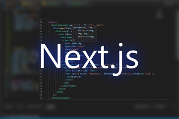 next.js inscription against code background. technology concept.programming language, computer cours