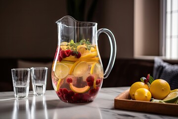 Poster - a pitcher of fruit-infused water, ready to be served and enjoyed, created with generative ai