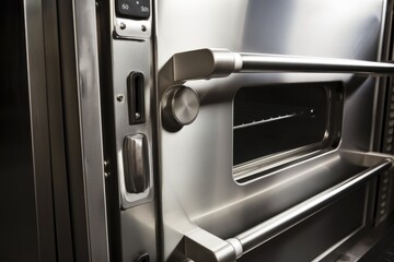 Sticker - close-up of commercial oven door with metal handle and , ready to be opened, created with generative ai