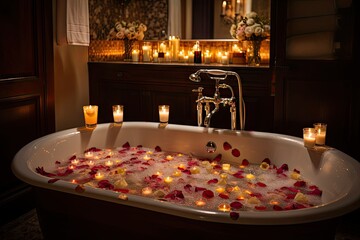 Canvas Print - bathtub filled with foamy bubbles, surrounded by candles and rose petals, created with generative ai