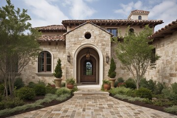 Sticker - mediterranean house with stone facade, gabled roof and arched door, created with generative ai