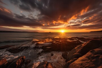 Canvas Print - dramatic sunset, with warm colors and clouds over the ocean, created with generative ai