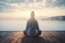 Mid Aged White Woman Meditating On A Wooden Terrace With Foggy Lake At Sunrise. Healty, Peacefull Lifiestyle. Generative AI