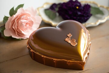 Poster - heart-shaped cake with a delicate rose gold chocolate glaze, created with generative ai