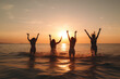 A group of women Jumping into the sea with arms up in the air at sunset. Generative AI