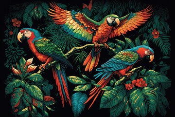 Wall Mural - parrots in a jungle, hanging from tree branches and flapping their wings, created with generative ai