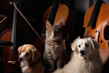 Sticker - classical music symphony with dog and cat musicians as part of the orchestra, created with generative ai