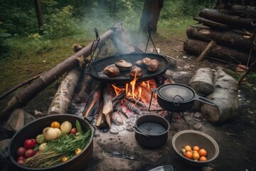 Poster - campfire cook, preparing meal with fresh ingredients and spices on campfire, created with generative ai